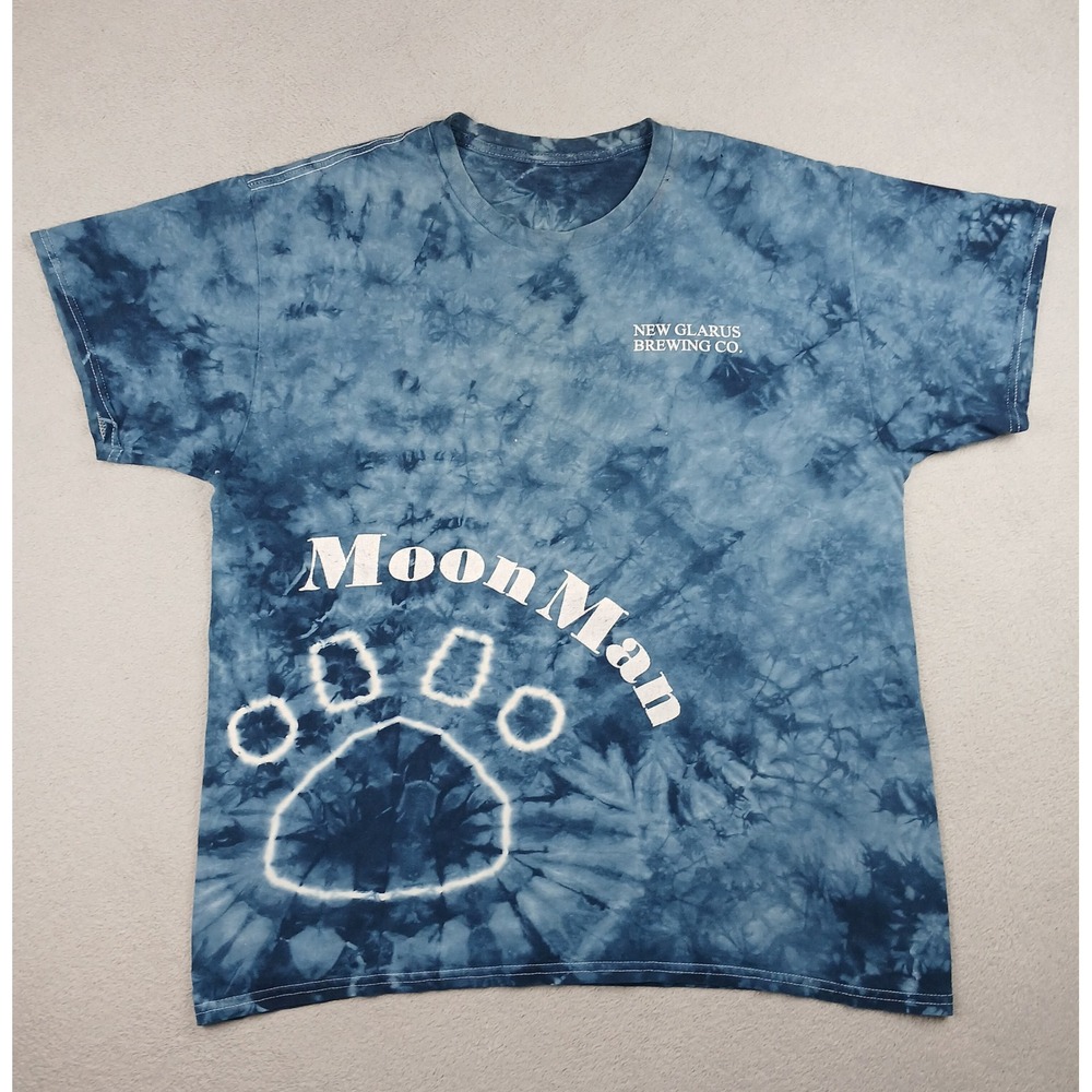 New Glarus Brewing Co T Shirt Mens XL Blue Tie Dye Moon Man Beer Graphic Tee